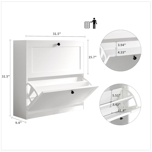 VOWNER Shoe Cabinet with 2 Flip Drawers, Freestanding Shoe Storage Cabinet with Adjustable Shelf & Anti-Tipping Device, Shoe Rack for Entryway, Hallway, Living Room (White)