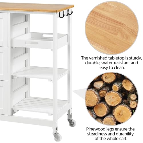 Yaheetech Kitchen Island Cart on Wheels with Bamboo Countertop, Rolling Serving Utility Trolley Cart with 3 Drawers, 3 Removable Shelves & Lockable Casters, Storage Cabinet for Dining Room, Bar, White