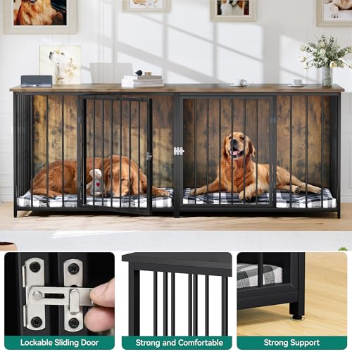 DWVO Double Dog Kennel Furniture, 80.2" Dog Cage Furniture with Divider, Double Dog Crate TV Stand for 2 Medium Dogs, Black