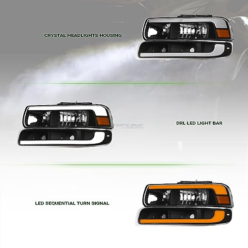 Switchback Sequential LED Strip Tube Bar Chrome Housing Crystal Headlights With Signal Bumper Lamps Amber Reflector 4-Pieces nb Compatible With 99-02 Chevy Silverado / 00-06 Suburban Tahoe