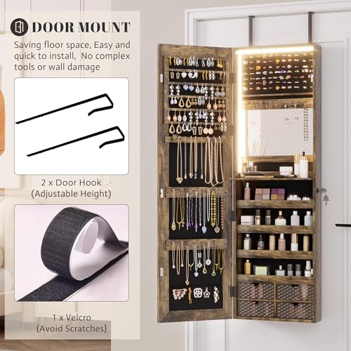 Vlsrka 47.2" LED Grey Jewelry Mirror Cabinet, Wall/Door Mounted Jewelry Armoire Organizer with Full-Length Mirror, Large Capacity Storage Hanging Cabinet, 4 Drawers, 5 Shelves, Built-in Lighted Mirror