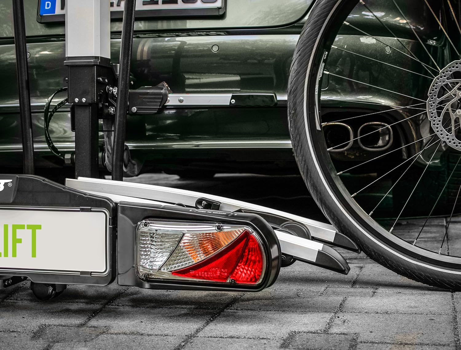 EUFAB 11554 Bicycle Carrier Bike Lift, Suitable for E-Bike, Fully Pre-Assembled, Electric Lower, Theft Protection, for 2 Bikes, for Towing Hitch, 2025 with Strap Frame Holders