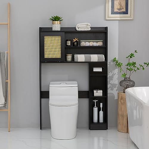 6Tier Over The Toilet Storage Cabinet, Freestanding above Toilet Space Saver Rack w/Adjustable Shelves, Sliding Door, Multifunctional Over Toilet Organizer for Bathroom (White)