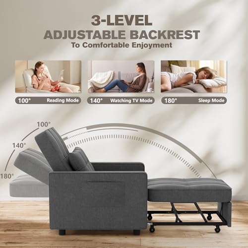JUMMICO Sleeper Chair, 3-in-1 Convertible Sleeper Sofa Bed for Adults, Linen Fabric Pull Out Chair Bed with Adjustable Backrest, for Living Room, Apartment, Office, Small Space (Beige)