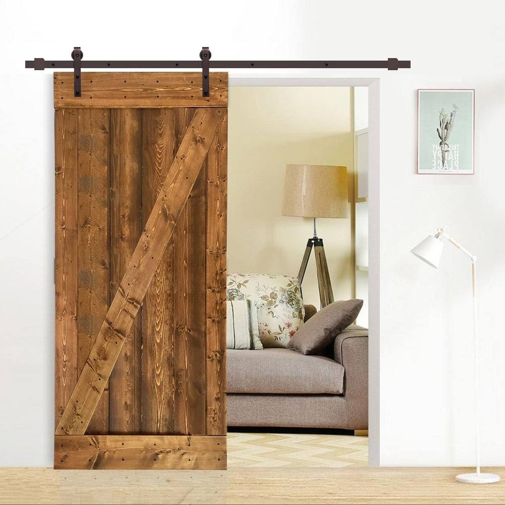 CALHOME Distressed Z 42 in. x 84 in. Walnut Solid Knotty Pine Wood Interior Sliding Barn Door with Hardware Kit, Brown