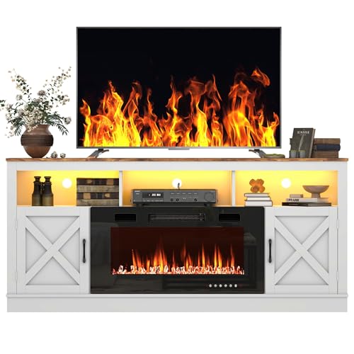 Farmhouse Fireplace TV Stand for 70/75/80 Inch TV, 32”Tall Entertainment Center w/ 36”Electric Fireplace & LED Light, 70”Media Console w/Barn Door Cabinet for Living Room, Grey