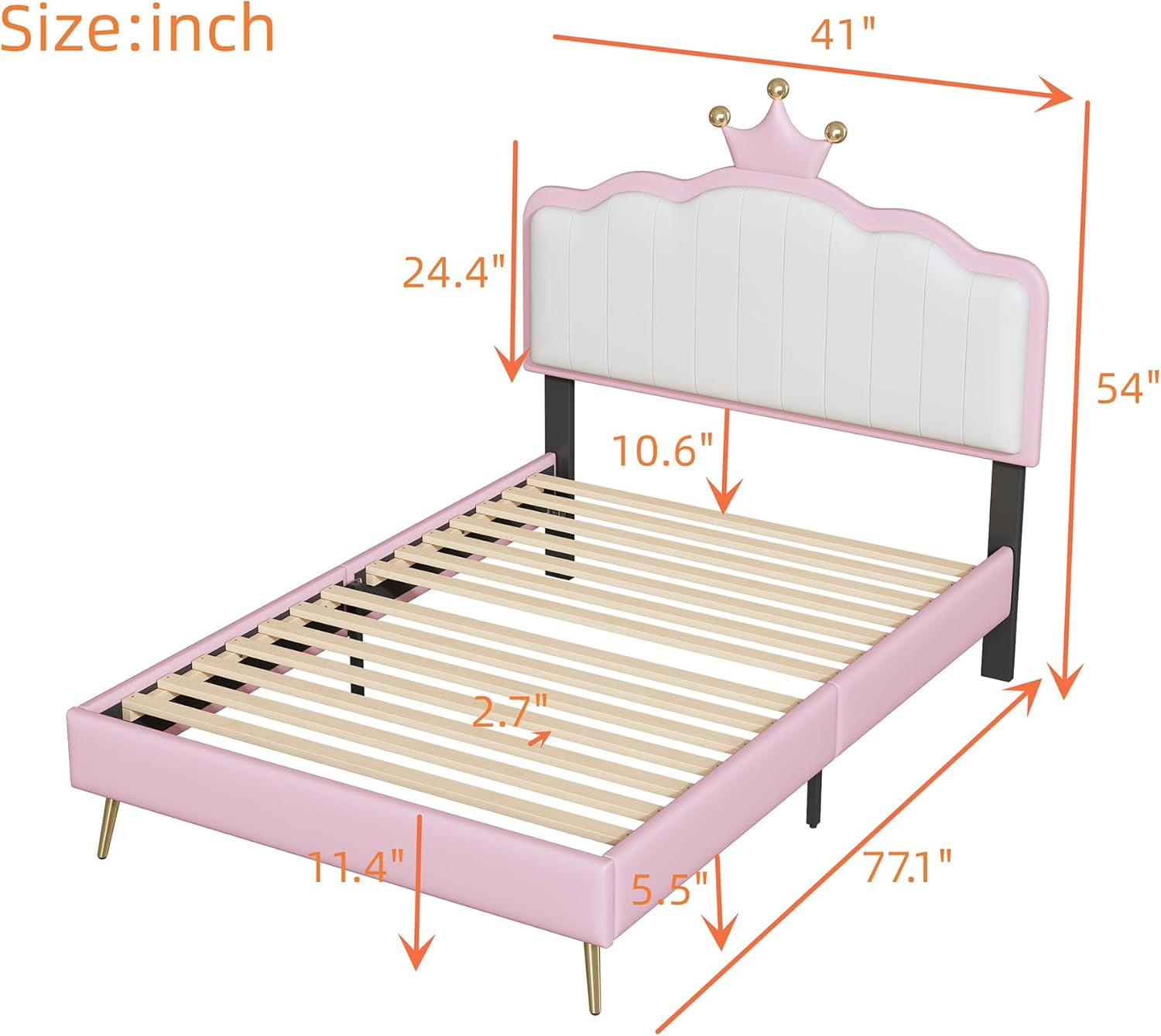 P PURLOVE Twin Upholstered Platform Bed with Light Strips and Golden Metal Legs, Wooden Platform Bed Frame with Footboard and Crown Headboard, PU Leather Princess Bed for Girls (White and Pink)