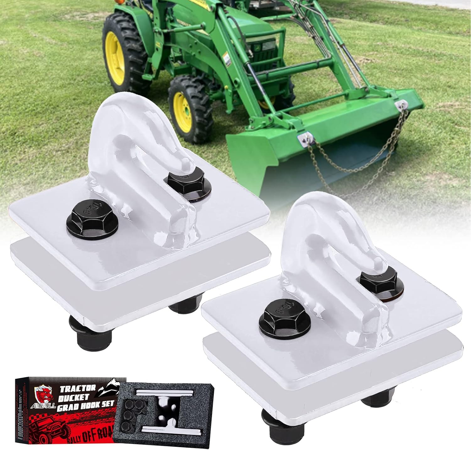 AMBULL 2 Pack 3/8" Tractor Bucket Grab Hook Grade 70 Forged Steel Bolt On Grab Hook Tow Hook Mount with Backer Plate,Work Well for Tractor Bucket, RV, UTV,Truck, Max 15,000 lbs, Dark Green Pack of 2