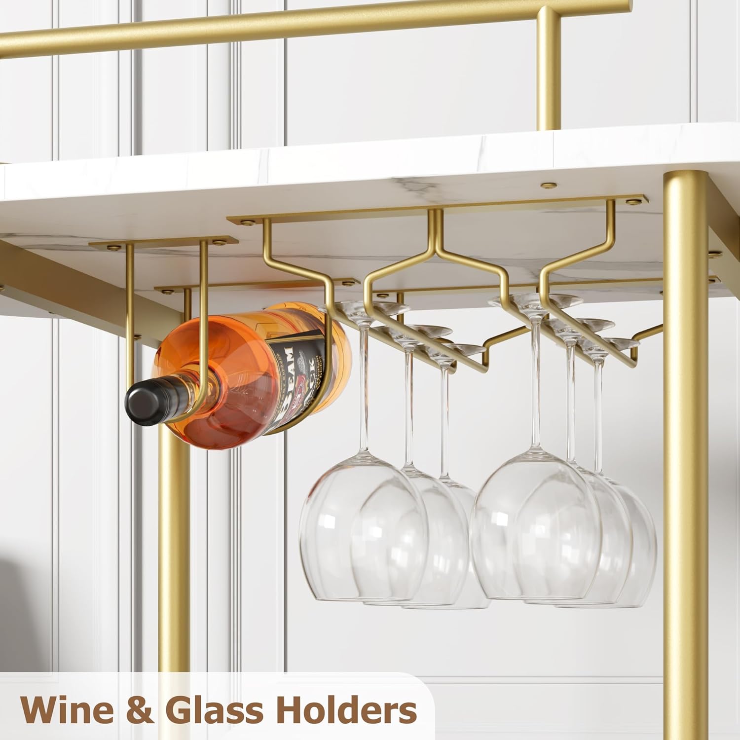 GAOMON Gold Bar Cart, 3 Tier Bar Cart with Wheels, Gold Rotating Bar Cart with Wheels and Handle, Serving Cart with Wine Rack and Glass Holder for Kichen, Living Room, Dining Room