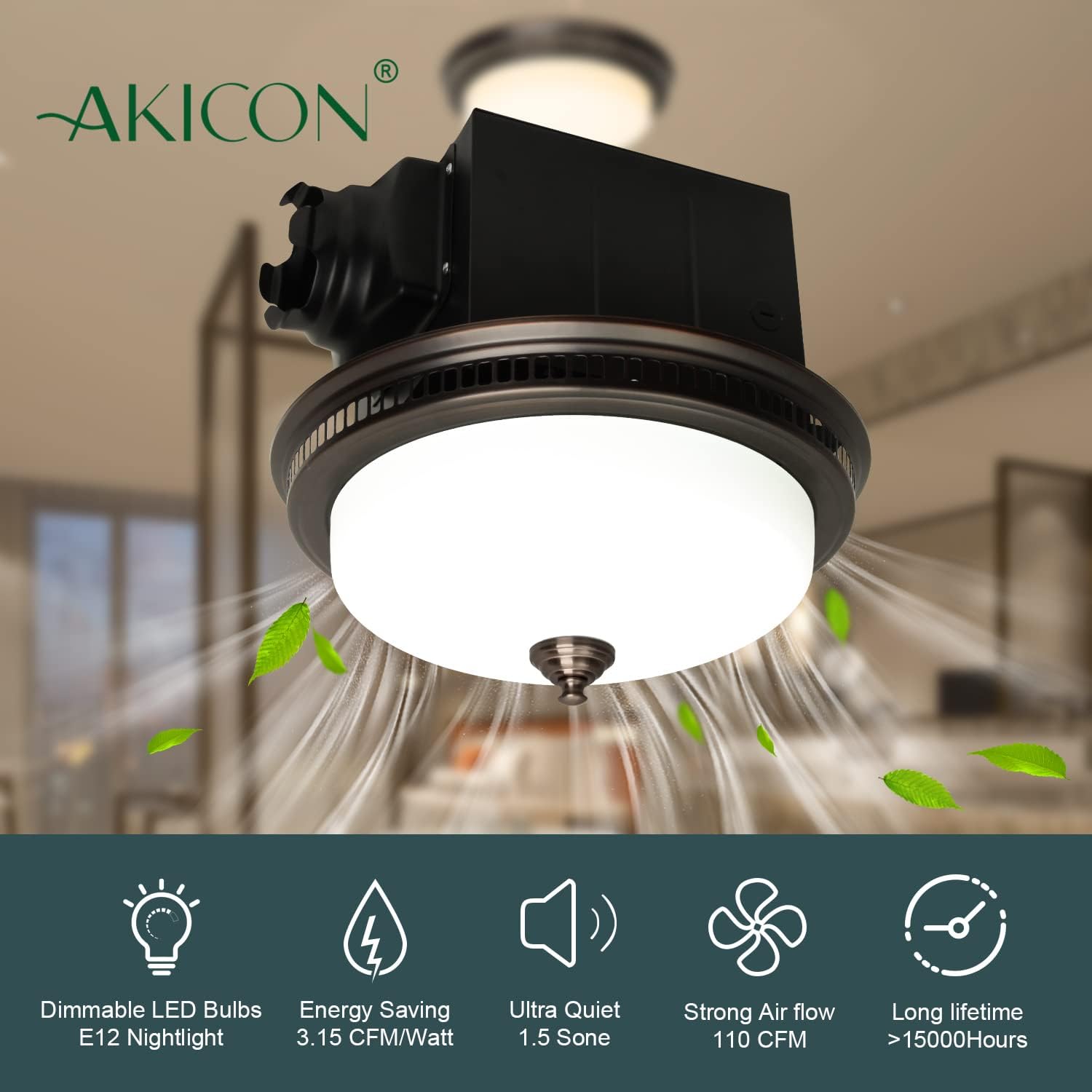 Akicon Ultra Quiet 110 CFM Round Exhaust Bathroom Fan with Light and Nightlight Bronze (3x9W GU24 Base LED Bulbs and 1pcs E12 Nightlight Included) 3 Years Warranty