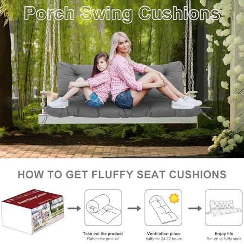 Outdoor Swing Cushions 60 inch 2-3 Seater Patio Swing Cushions Thicken 5" Replacement Waterproof Bench Cushions with Backrest Ties for Patio Porch Lawn Garden Backyard(Grey)