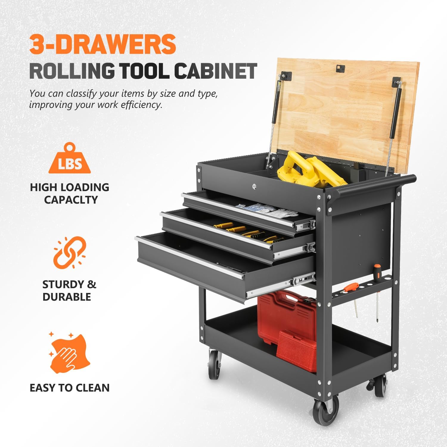 DNA MOTORING 3-Drawers Wood Top Utility Rolling Tool Chest Cabinet with Wheels, Heavy Duty Industrial Service Cart Keyed Locking System, for Garage Warehouse Workshop, Black, TOOLS-00403