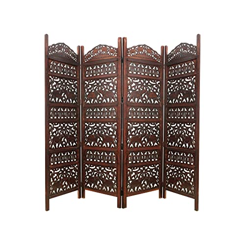 Room Divider Wood Screen - Ghanti Bells Antique Brown - 4 Panel Folding 72 x 80 - Assembled Hand Carved Decorative Functional Versatile Portable Partition Reversible Privacy Boho - COTTON CRAFT