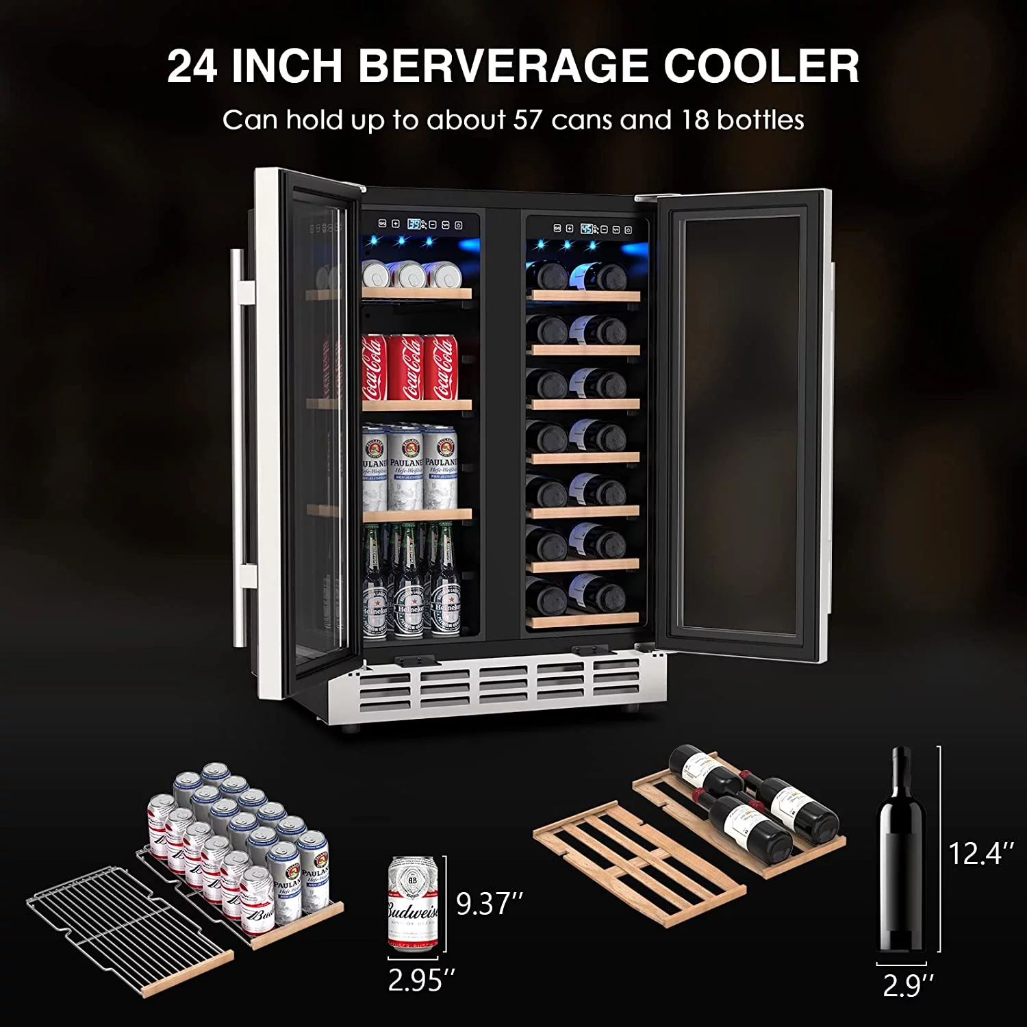 Rocita Dual Zone Wine Cooler Beverage Refrigerator, 24 inch Wine Coolers Fridge Side by Side Refrigerator Glass Fridge with Safety Locks for 20 Bottles and 57 Cans