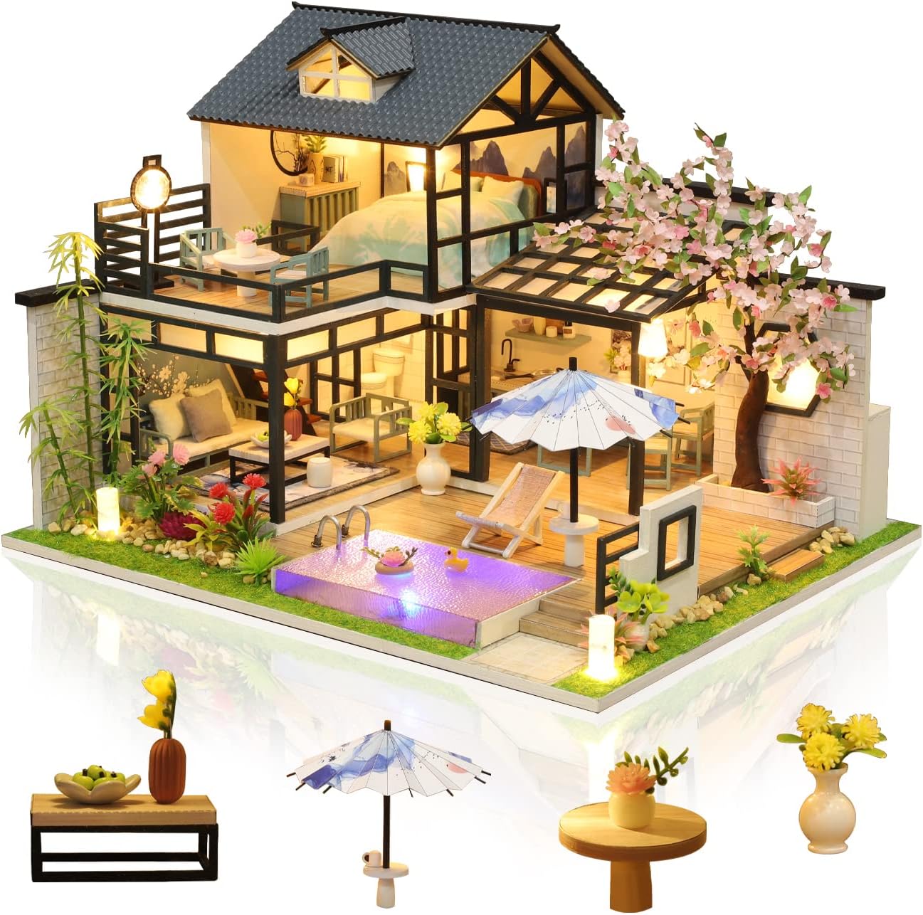 GuDoQi DIY Miniature Dollhouse Kit, Tiny House kit with Dust Cover and Music, Miniature House Kit 1:24 Scale, Great Handmade Crafts Gift for Valentine's Day, Birthday, Vintage Courtyard