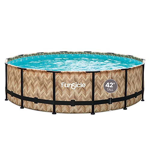 Funsicle 14' x 42" Oasis Designer Round Frame Above Ground Outdoor Swimming Pool Set with SkimmerPlus Filter Pump, Ladder, and Pool Cover, Gray