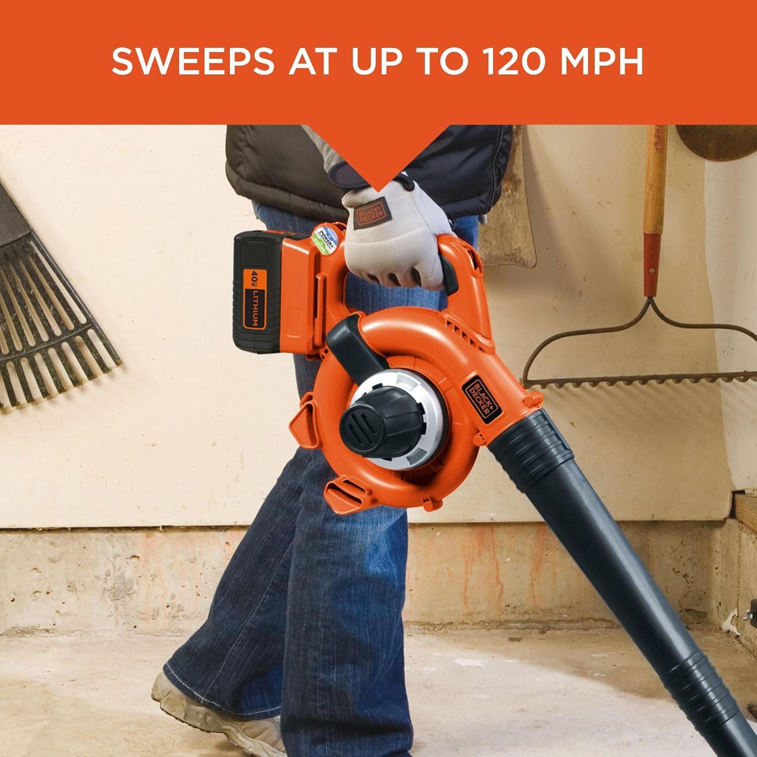 BLACK+DECKER 40V Cordless Leaf Blower Kit, 120 mph Air Speed, 6-Speed Dial, Built-In Scraper, With Collection Bag, Battery and Charger Included (LSWV36)