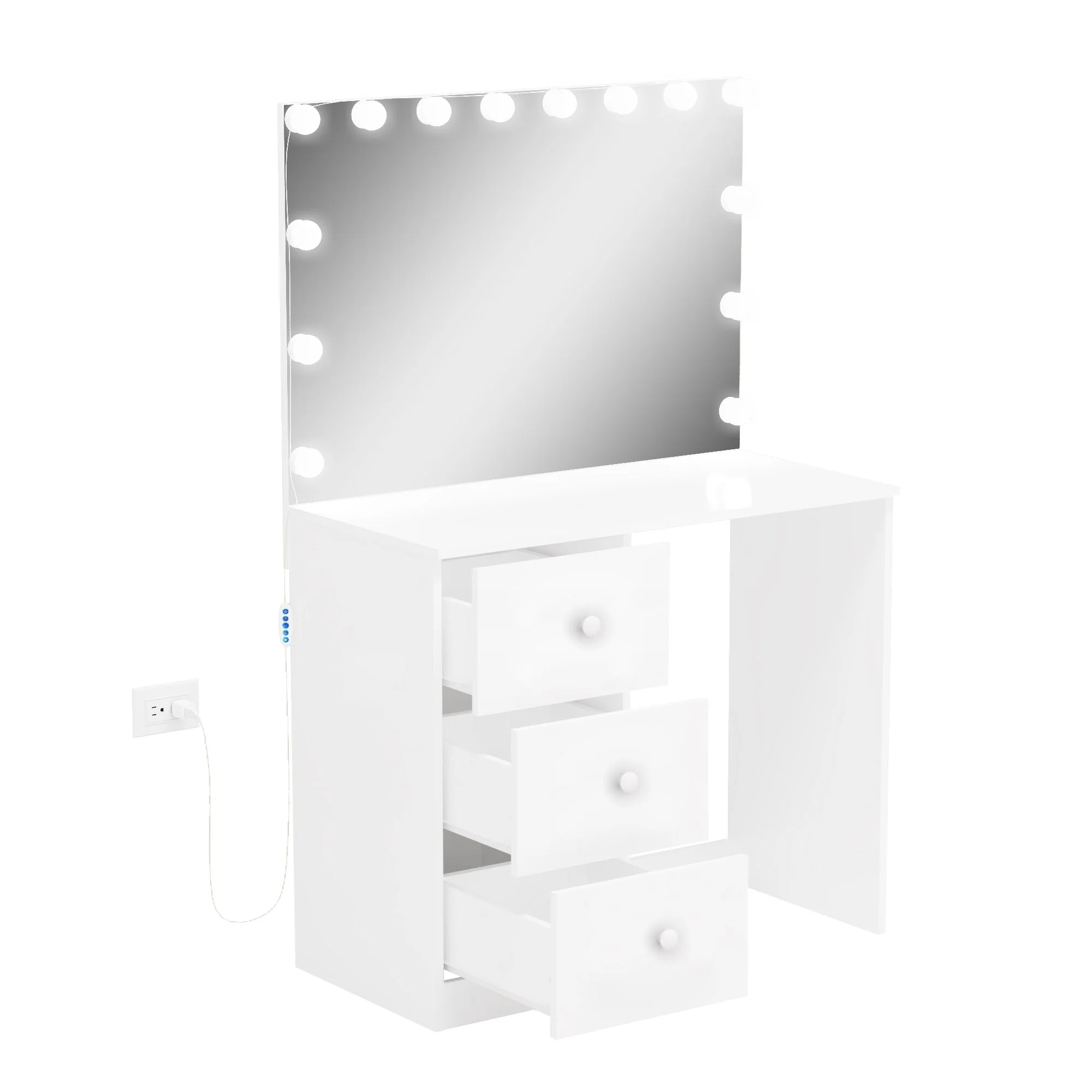 Boahaus Amelia Modern Vanity Table with Light Bulbs 3 Drawers Wide Mirror White Painted for Bedroom