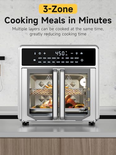 Air Fryer French Door Oven,15.8 Qt Toaster Oven Countertop Combo,18 Presets & 1 Preheat & Light, Airfryer Basket,Wire Rack,Baking Pan,Crumb Tray,Compact Design,Stainless Steel,Small