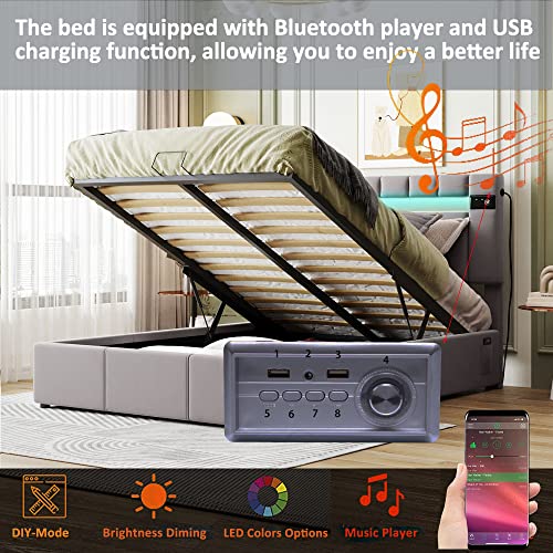 Lift Up Storage Bed Queen, Upholstered Queen Bed Frame with LED Light, Bluetooth Player and USB Charging,Velvet Fabric Platform Bed Frame for Teens Adults, No Box Spring Needed(Grey)