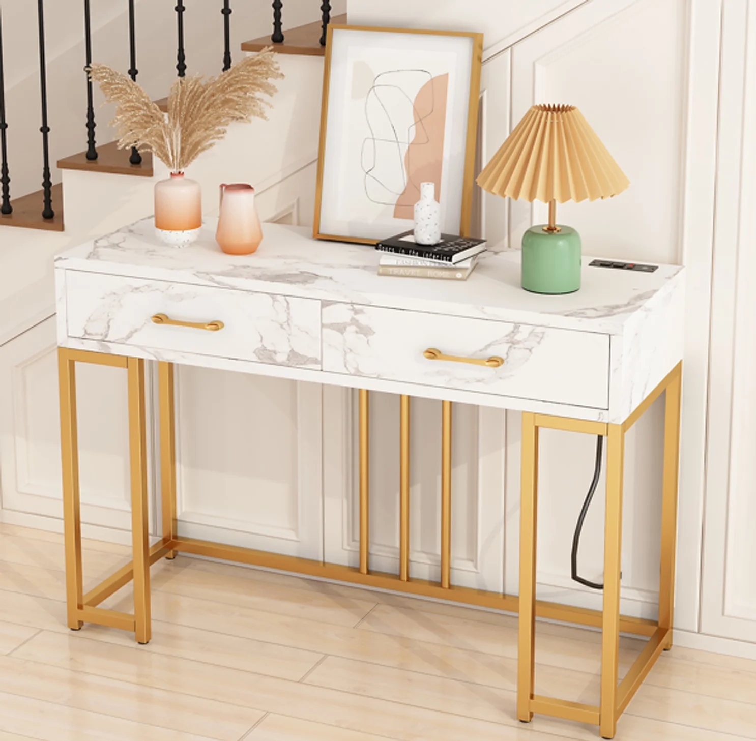 Console Table for Entryway, Sofa Table Narrow Long, 1-Tier Entryway Hallway Table with 2 Drawer for Entryway, Living Room, Couch (Marble White)