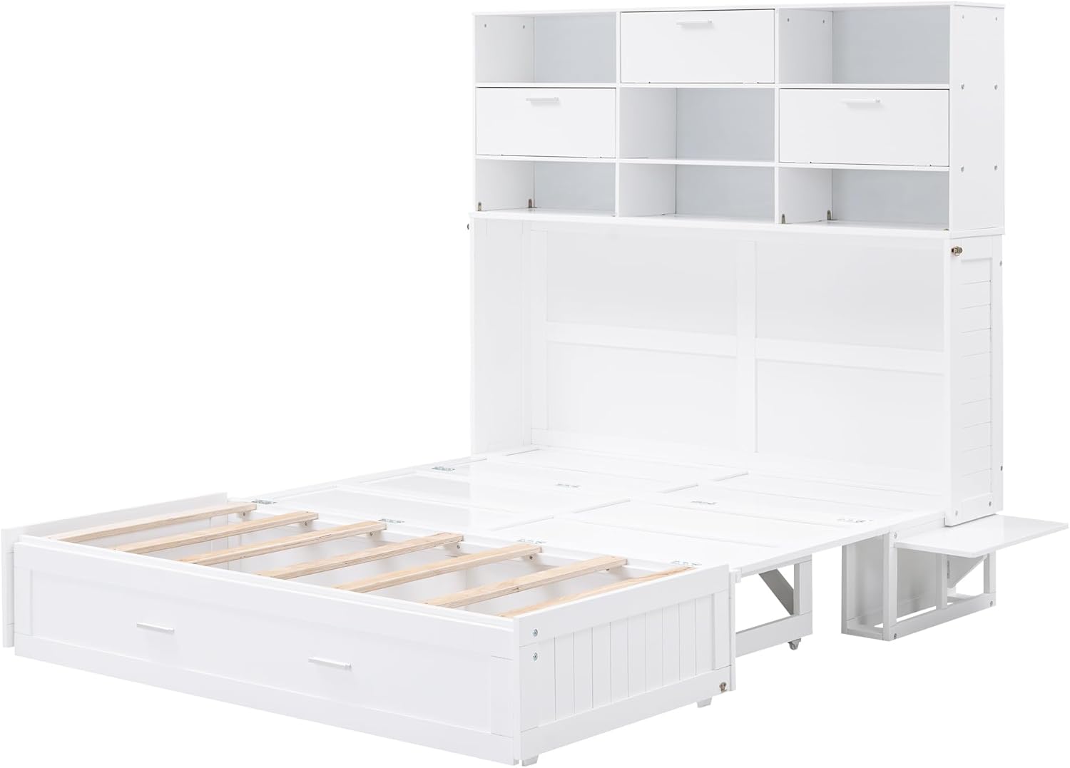 Queen Murphy Bed Cabinet Bed with Bookcase, Bedside Shelves and a Big Drawer for Guest Room or Home Office, White