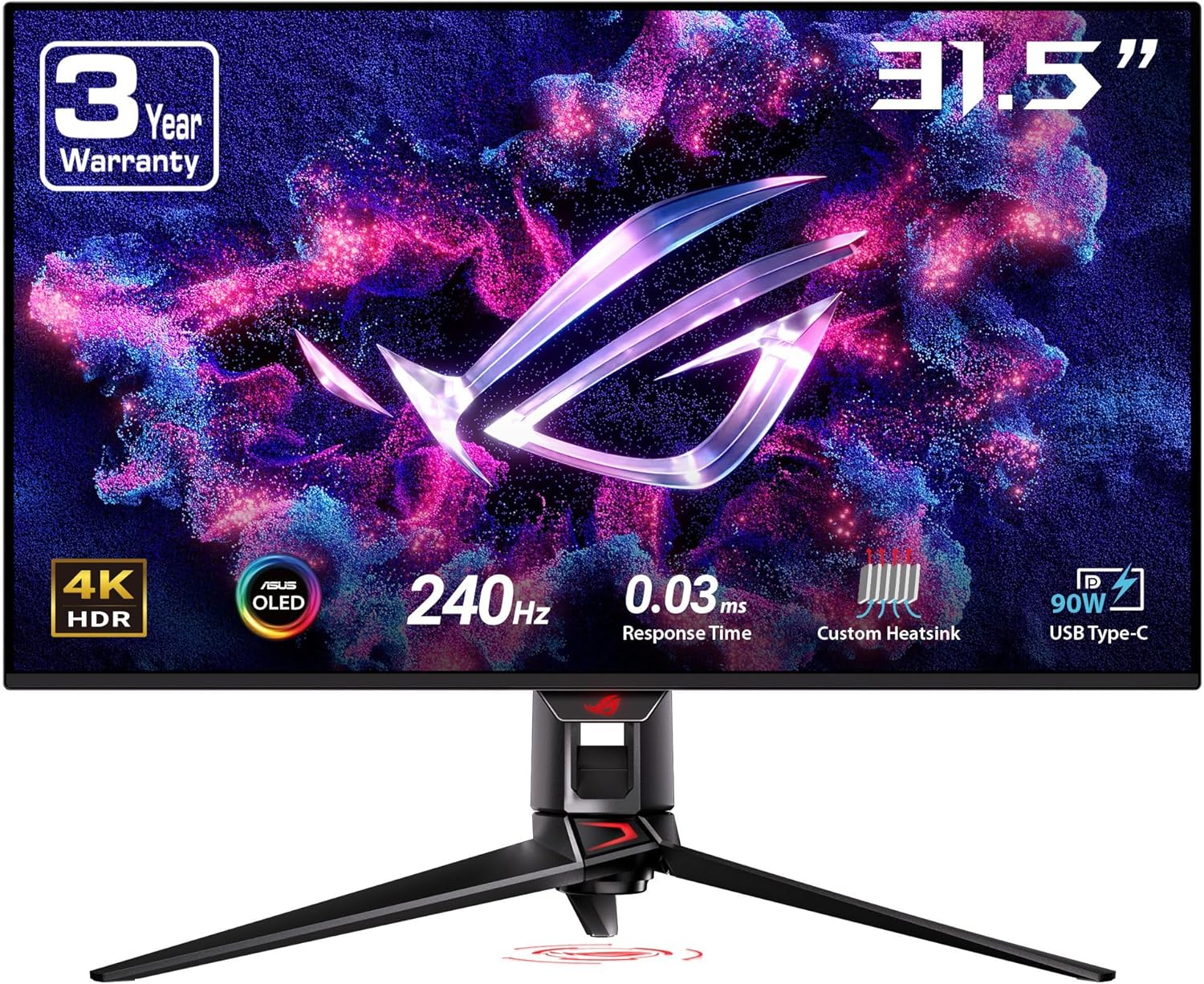 ASUS ROG Swift 32” 4K OLED Gaming Monitor (PG32UCDM) - UHD (3840 x 2160), QD-OLED, 240Hz, 0.03ms, G-SYNC Compatible, Custom Heatsink, Graphene film, 99% DCI-P3, True 10-bit, 90W USB-C, 3 year warranty