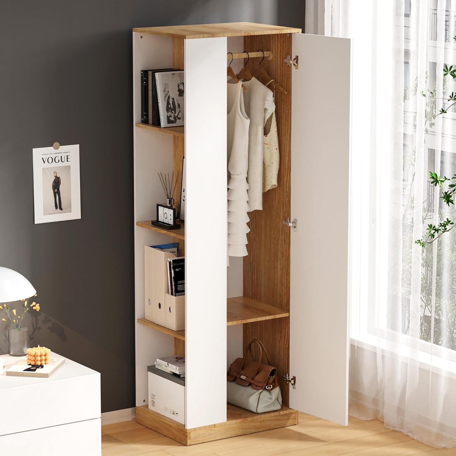 Modern Wardrobe Armoire, White Wardrobe Closet with Hanging Rail, Functional Clothes Storage Cabinet Closet for Small Apartments Bedroom, Easy to Install, 16" D x 24" W x 71" H