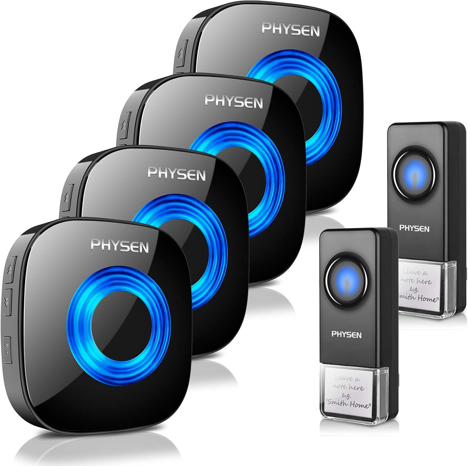 Wireless Doorbell for Home, Waterproof Door Chime Kit Operating at 1300-ft 58 Adjustable Melodies & 5 Volume Levels -PHYSEN Door Bell Wireless with LED Strobe, 2 Push Buttons + 4 Plug in Receivers Pack of 2