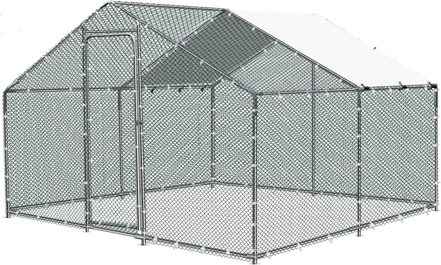Large Metal Chicken Coop, Outdoor Metal Chicken Run with Waterproof and Anti-Ultraviolet Cover for 10-20 Chickens, Walk-in Poultry Cage for Chicken, Duck, Rabbit, Dog (9.84'×9.84'×6.46')