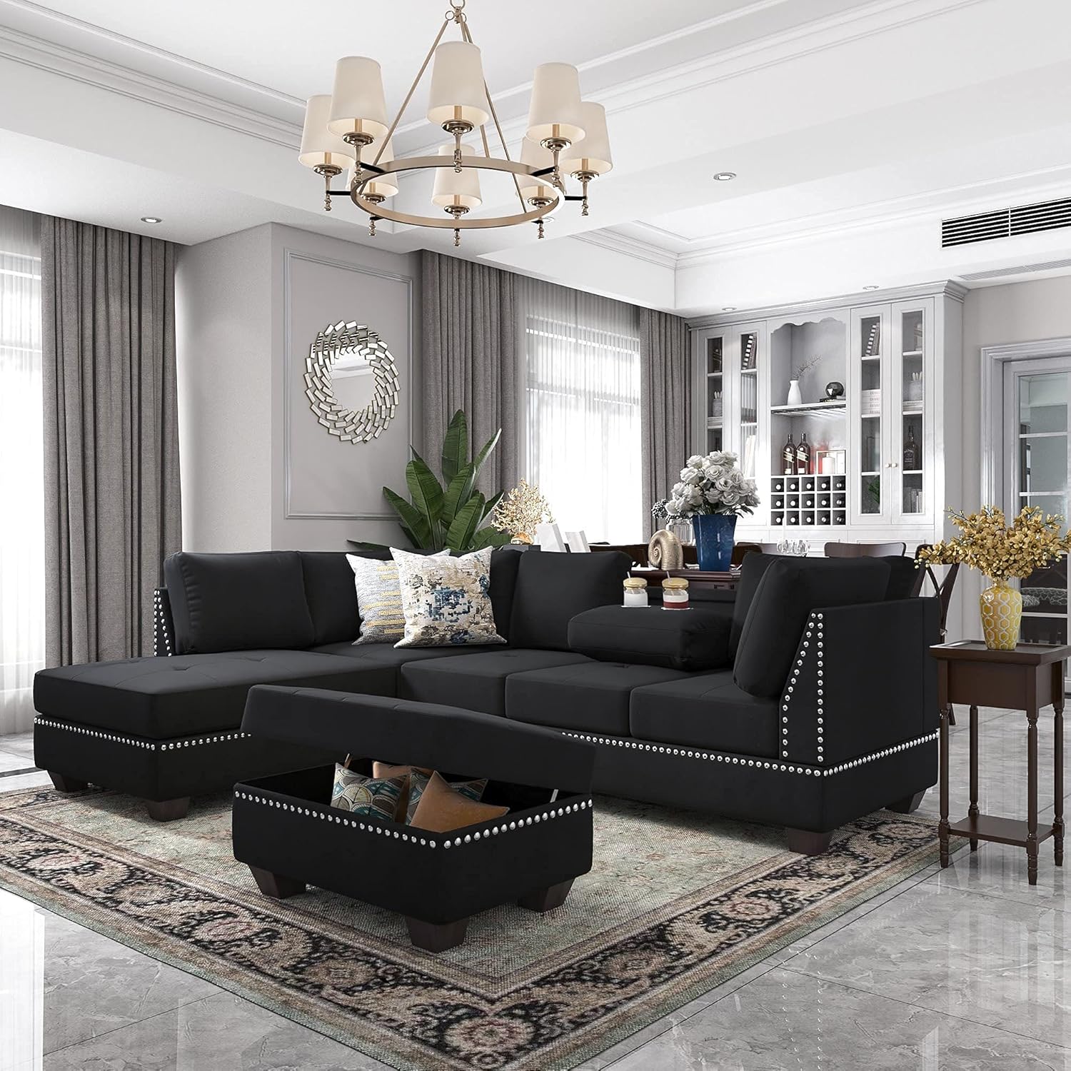 Yoglad Reversible Sectional Sofa with Storage and Chaise Lounge Couch, Wooden Frame L-Shaped Corner Sofa Set with Ottoman, Furniture Set for Living Room (Black)