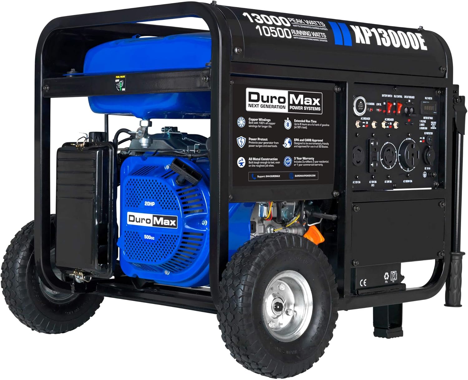 DuroMax XP10000EH Dual Fuel Portable Generator - 10000 Watt Gas or Propane Powered-Electric Start- Home Back Up & RV Ready, 50 State Approved