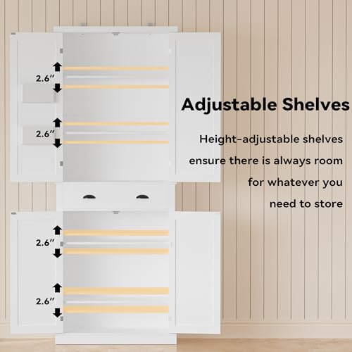 IRONCK Kitchen Pantry Storage Cabinet 72.6" H, with Barn Doors, Drawer, 4 Adjustable Shelves, Freestanding Cupboard for Dining Room Living Room, Laundry, White
