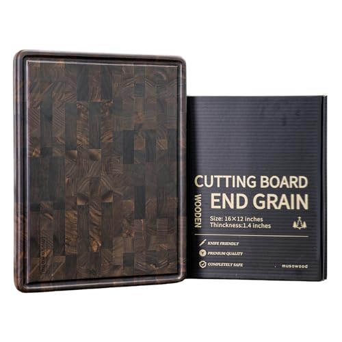 Muso Wood Large End Grain Cutting Borad 20x14 In, Checkered Cutting Board with Feet, Made from Walnut Wood, Chopping Board For Kitchen with Juice Groove Handles