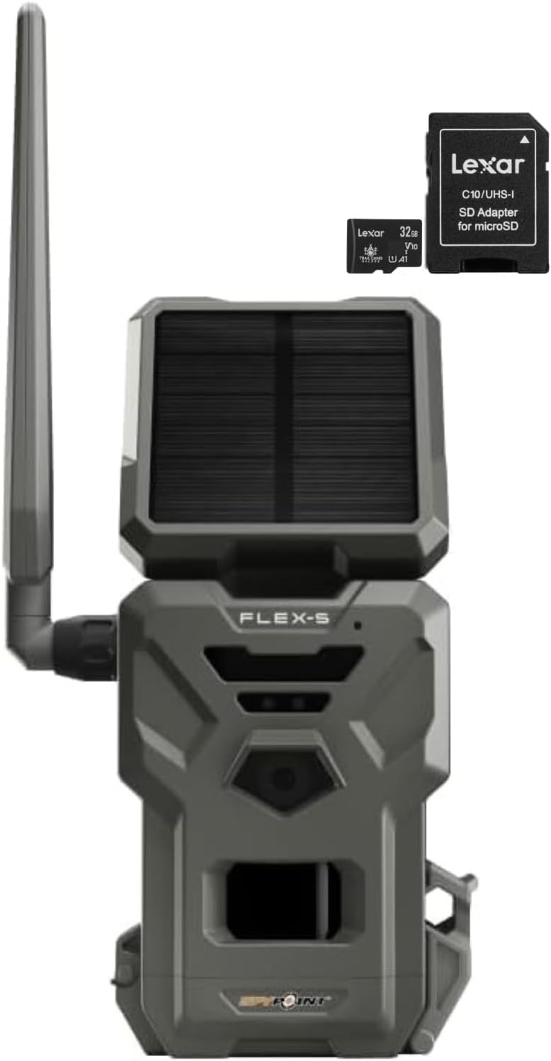 SPYPOINT Flex-S Solar Cellular Trail Camera, Integrated Solar Panel, LTE Connectivity, 100-foot Flash/Detection Range, Internal Battery, Optional Battery Backup + 32GB Micro SD Card