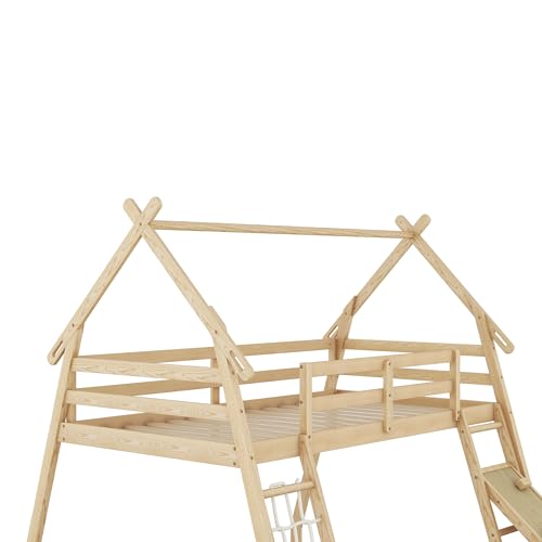 Twin House Loft Bed with Removable Storage Shelves, Wooden House Roof Frame with Under Bed Shelving Storage Unit, Guardrails and Ladder, 82" H House Loft Bed Frame for Kids Teens (Gray * 139)