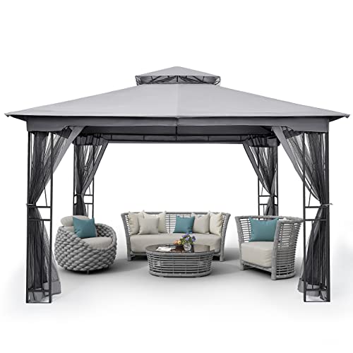 HAPPATIO 10' X 12' Outdoor Patio Gazebo, Outdoor Canopy Gazebo for Garden,Yard,Patio with Ventilation Double Roof with Mosquito Netting,Dark Brown