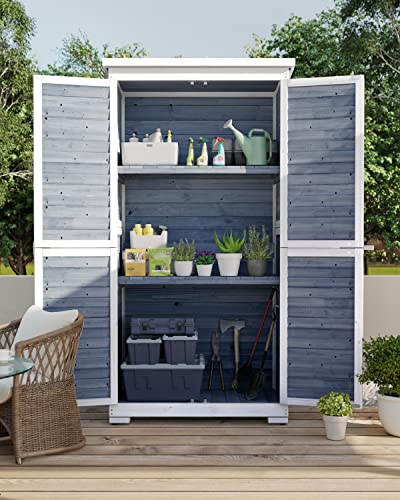 Gizoon Outdoor Storage Cabinet with 3 Shelves, Double Lockable Wooden Garden Shed with Waterproof Roof, Outside Vertical Tall Tool Shed for Yard Patio Lawn Deck-Natural