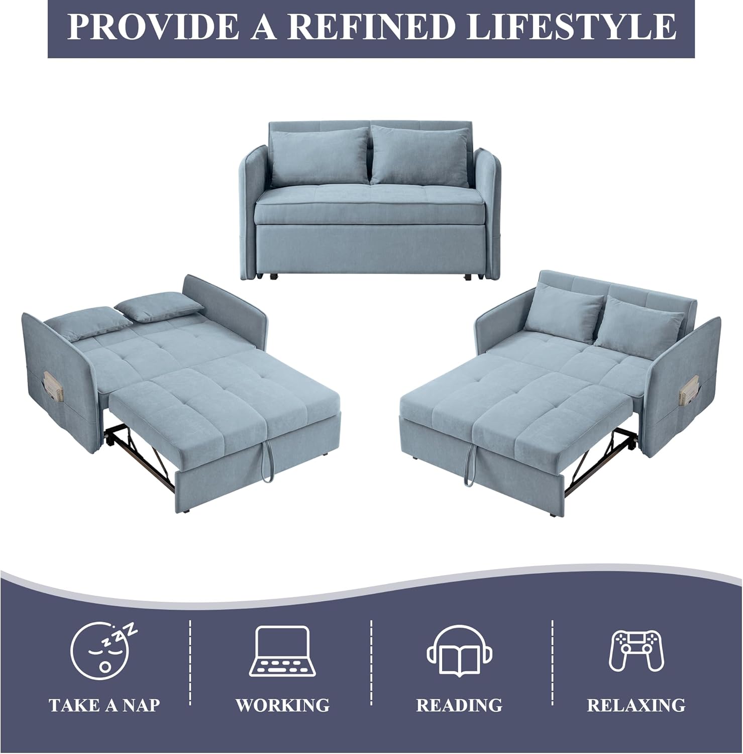 53.5in 3 in 1 Multi-Function Chenille Fabric Double Sofa Bed Post-Modern Minimalist with Pull-Out Bed with Adjustable Backrest/Lumbar Pillow/Side Pockets Storage, Bluish Grey, SFC848003