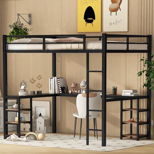 Full Size Loft Bed with Desk and Storage Shelves, Heavy Duty Metal Loft Bed with L-Shaped Desk and Ladder, Full Size Loft Bed for Kids, Teens(Black Desk Full Loft Bed)