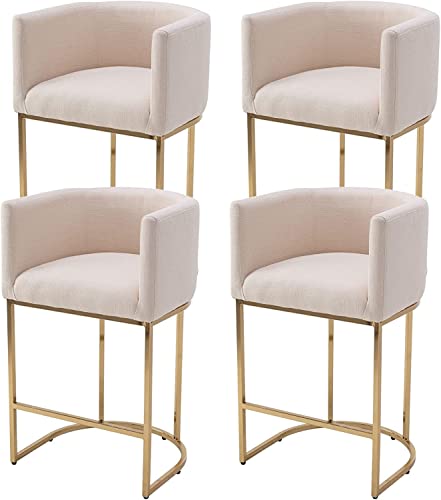 Contemporary Cream Linen Bar Stools Set of 3, 29" Upholstered Fabric Counter Height Barstools Kitchen Counter Island Stools with Screwed Together Golden Metal Base