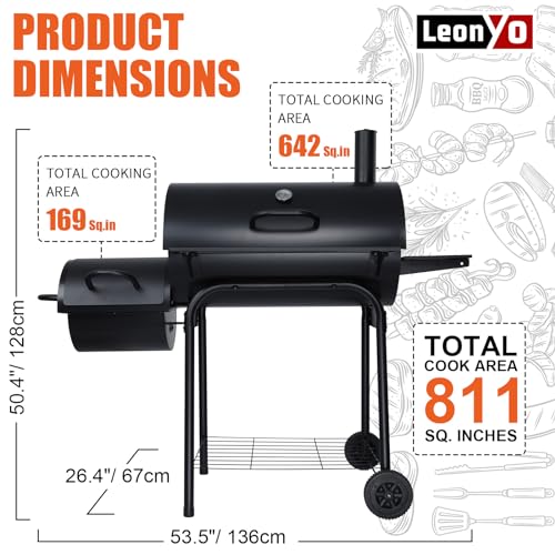 Leonyo Charcoal Grill with Smoker, BBQ Charcoal Grill and Offset Smoker, Large Barrel Grill with Grill Cover, 811 Square Inches, Griddle Accessories kit of 21, Outdoor Camping, Backyard, Patio Parties