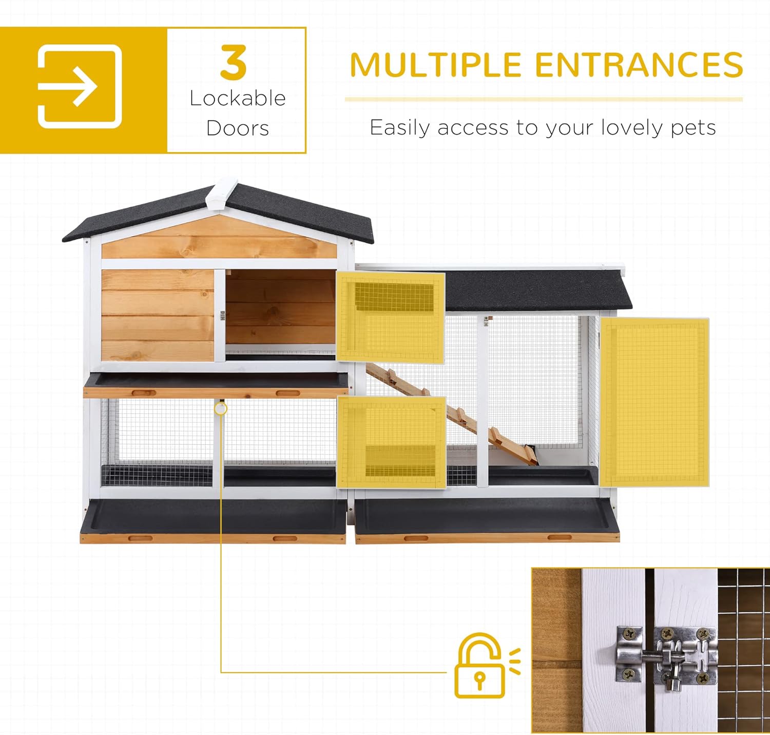 2-Story Rabbit Hutch Wooden Bunny Hutch Cage Small Animal House with Ramp, No Leak Tray, Weatherproof Roof and Outdoor Run, Indoor/Outdoor, Yellow