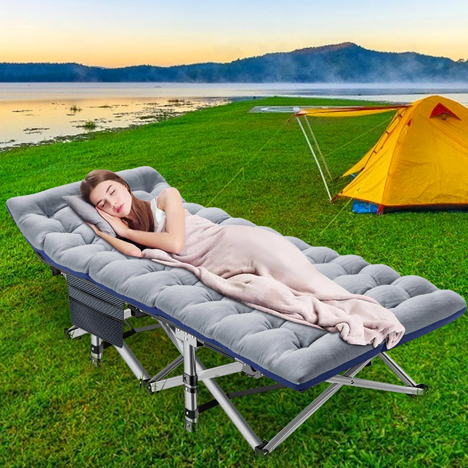 Lilypelle Folding Camping Cot Bed for Adult, Double Layer Oxford Strong Heavy Duty Sleeping Cots with Carry Bag, Portable Travel Camp Cots for Home/Office Nap and Beach Vacation