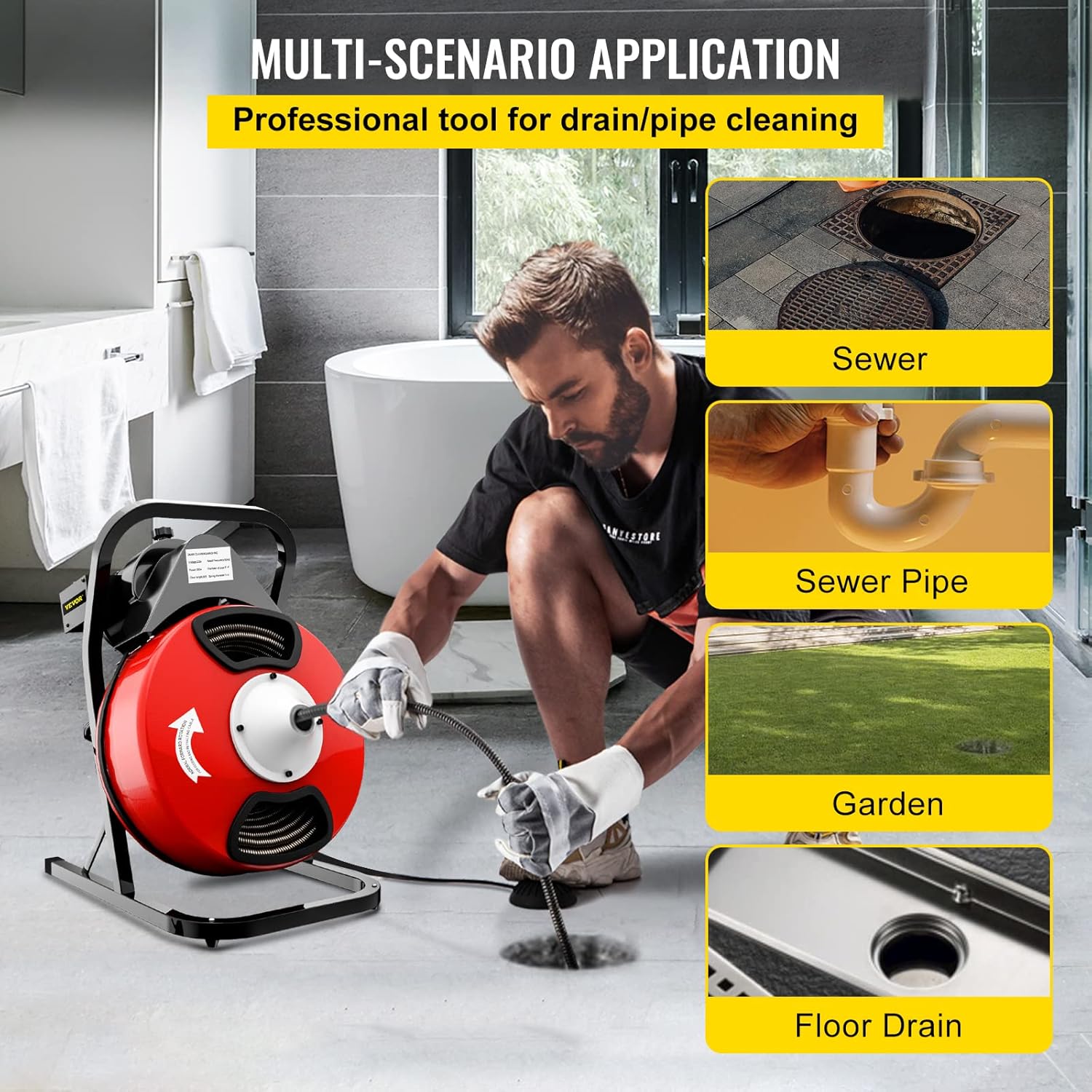 VEVOR 50FTx1/2Inch Drain Cleaner Machine Electric Drain Auger with 4 Cutter & Foot Switch Drain Cleaner Machine Sewer Snake Drill Drain Auger Cleaner for 1" to 4" Pipes