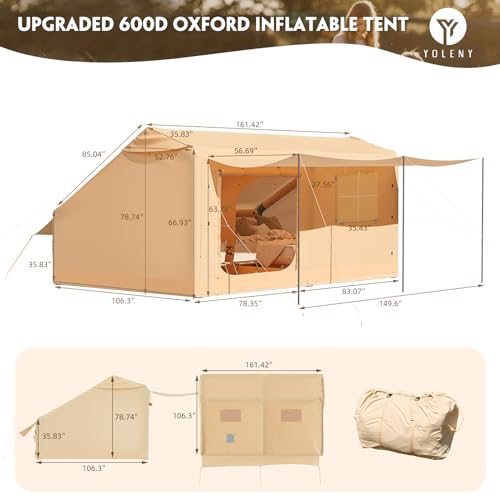 YOLENY Inflatable Tents for Camping, 4/6/8/10/12 Person Tent with TPU Skylight, Mesh Windows, Stove Jack & Pump, Easy Setup 4 Season Glamping Tent, Waterproof & Windproof