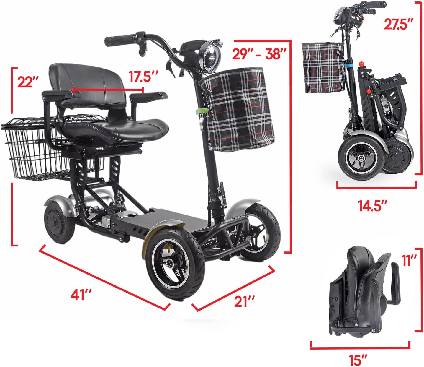 Darkshadows by MaritSA - Foldable 4 Wheel Mobility Scooter for Seniors. Long Range Battery 15.6AH-25 Mile Range (Model8)