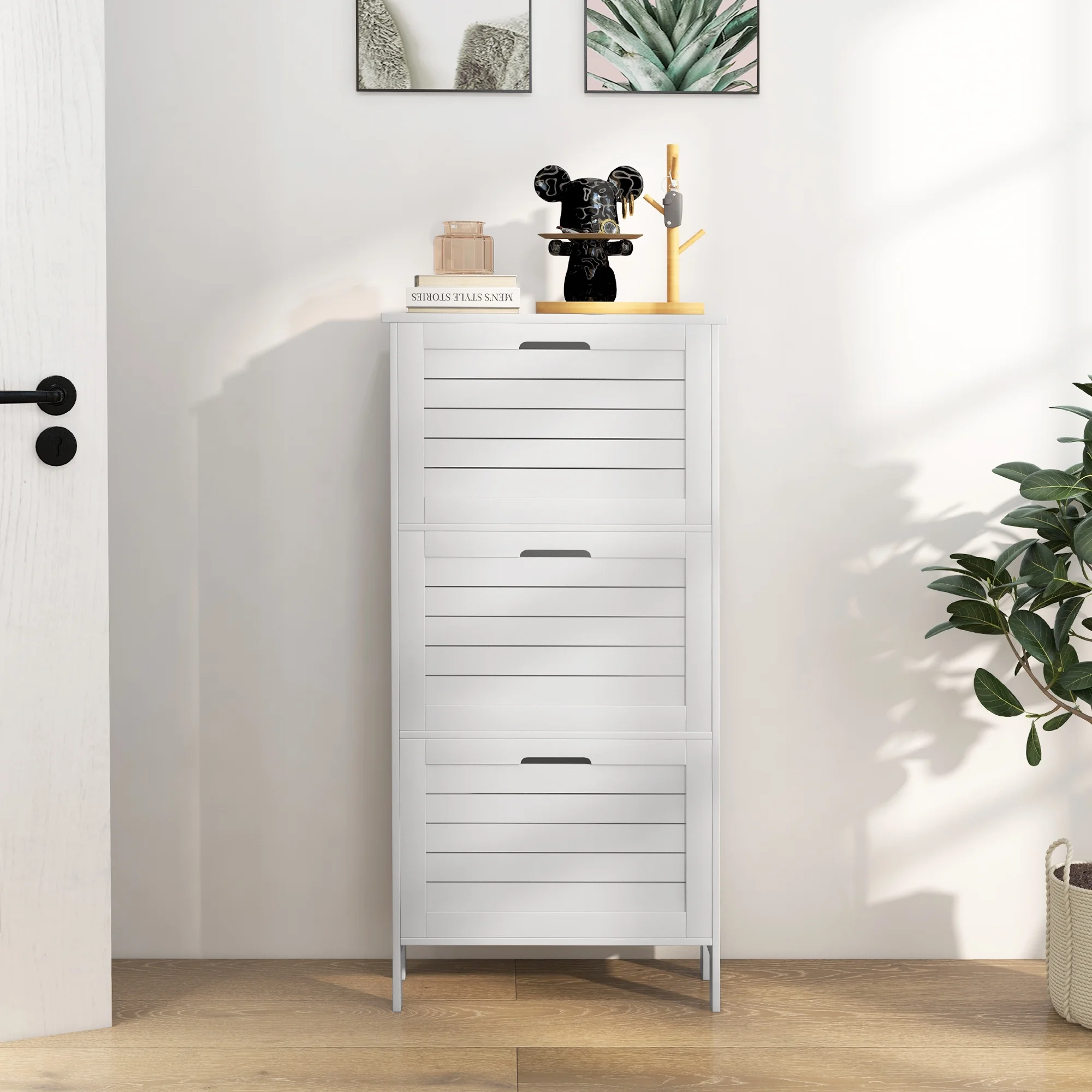 CoSoTower Narrow Shoe Storage Cabinet for Entryway with 3 Flip Drawers, Slim Shoe Rack Organizer with Louvered Doors for 6 Pairs of Shoes, White