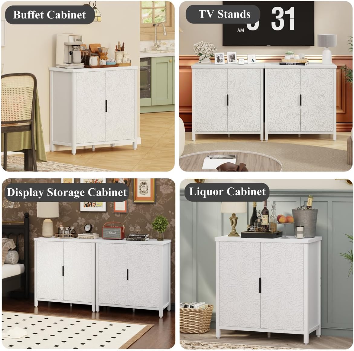 BON AUGURE Buffet Cabinet with Storage, Kitchen Sideboard Storage Cabinet with Doors and Shelves, Wood Credenza Coffee Bar Cabinet for Home, Modern Accent Cabinet for Entryway (White Floral)