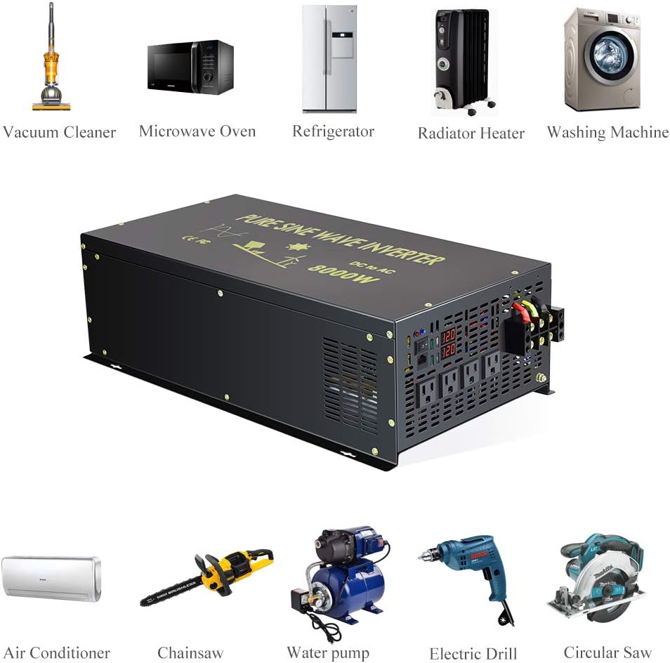 Reliable 8000W Continuous Power Heavy Duty Pure Sine Wave Power Inverter DC 48V to AC 120V with 4 AC Outlets Remote Control 66A Hardwire Terminal and LED Display for RV Car Solar System Emergency